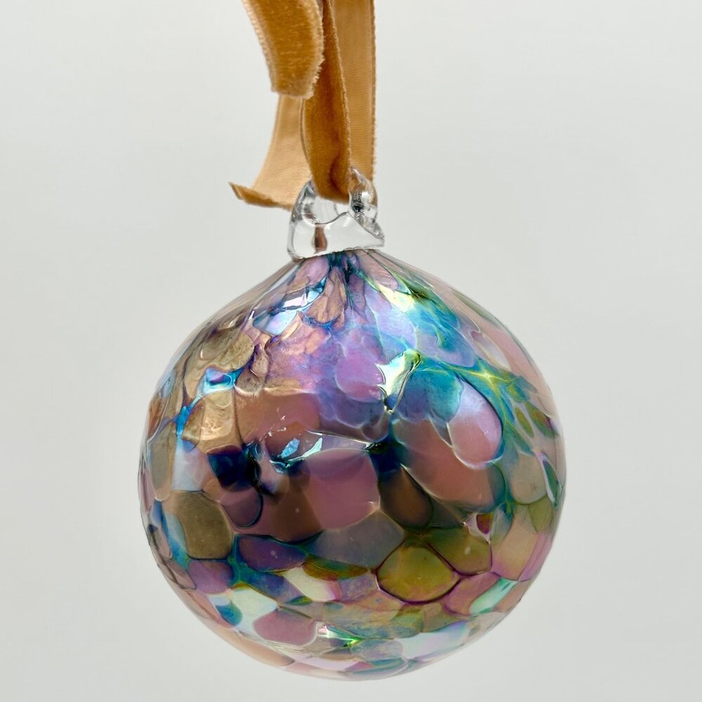 Handcrafted Iridescent Glass Ornament With Velvet Ribbon | Glass Eye Studios Blu